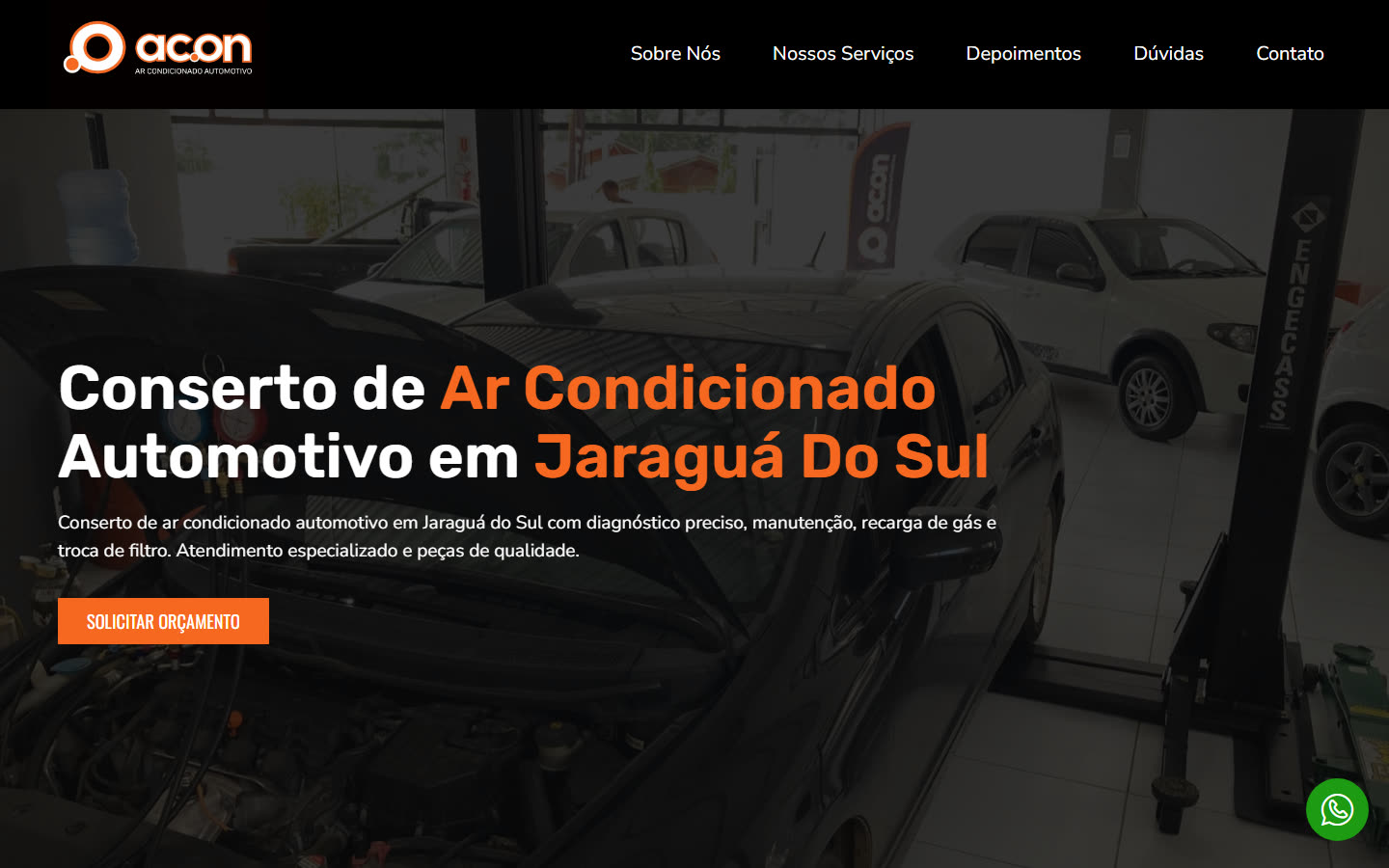 Página inicial da versão anterior do site da AC.ON, com título Conserto de ar condicionado automotivo em Jaraguá do Sul e um botão Solicitar orçamento