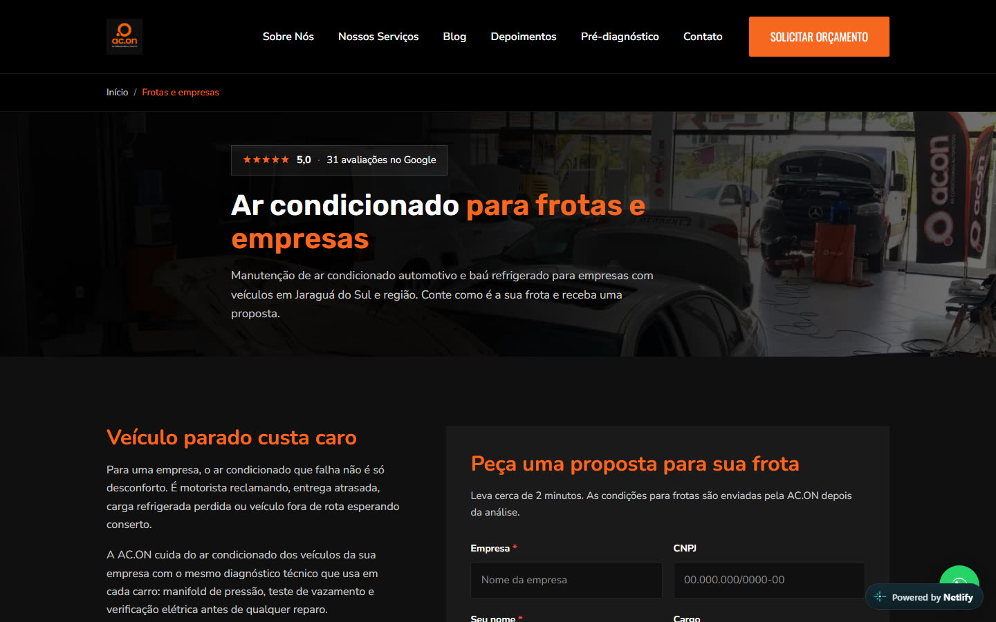 Página Ar condicionado para frotas e empresas da AC.ON, com o texto Veículo parado custa caro e formulário de proposta