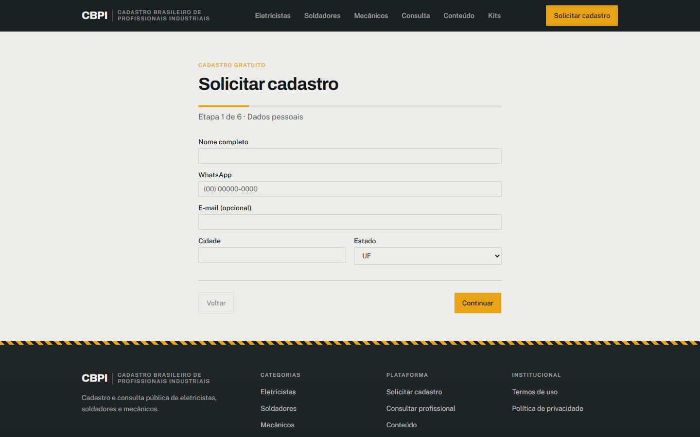 Site do CBPI, Cadastro Brasileiro de Profissionais Industriais