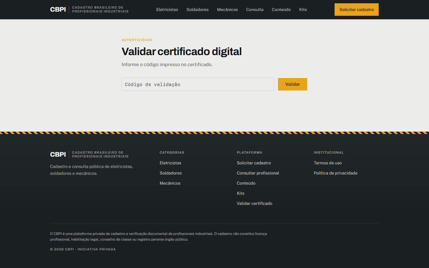 Página Validar certificado digital do CBPI, com um campo para o código de validação e o botão Validar