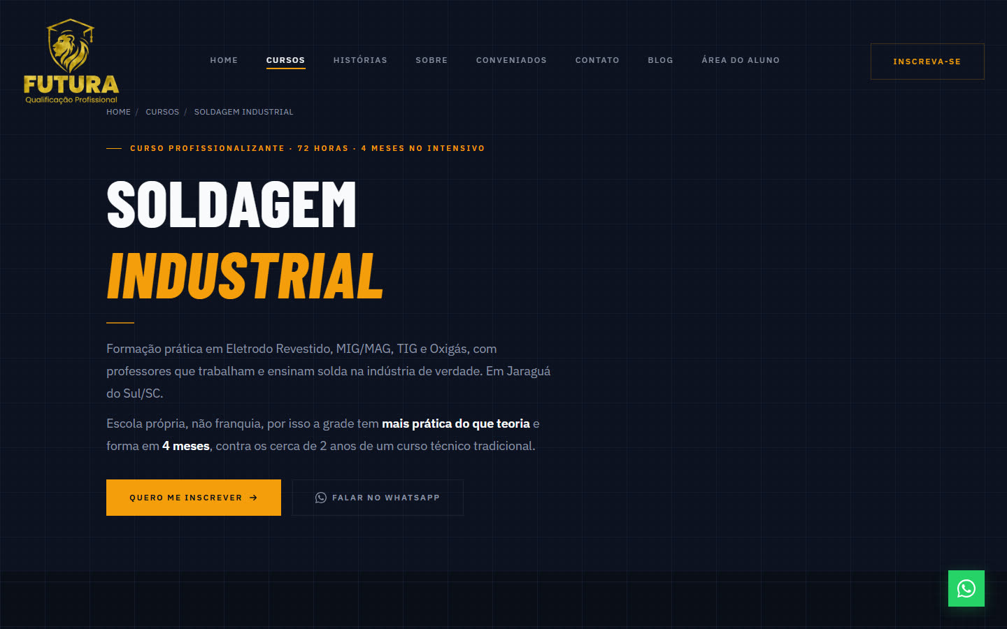 Página do curso de Soldagem Industrial da FUTURA, com carga horária de 72 horas e botões Quero me inscrever e Falar no WhatsApp