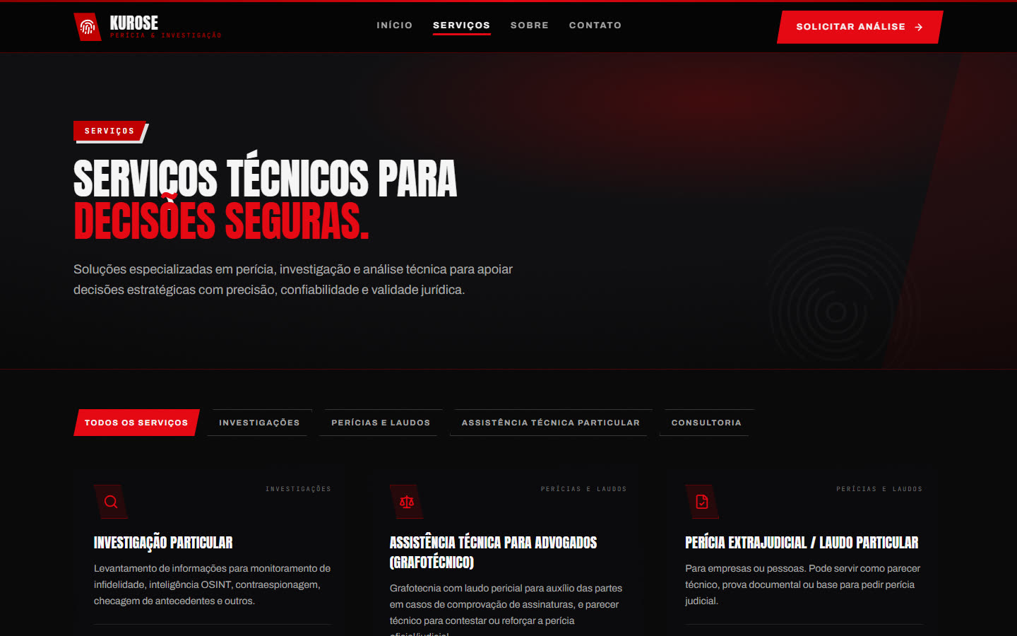 Página de serviços da KUROSE, com filtros por categoria e cartões de Investigação Particular, Assistência Técnica para Advogados e Perícia Extrajudicial