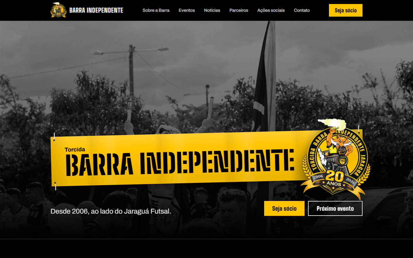 Página inicial do novo site da Barra Independente, com faixa amarela, fonte condensada e botão Seja sócio
